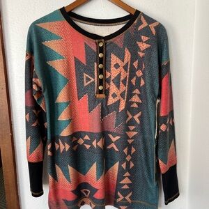Double D Ranch Geometric Long Sleeve Top - Teal and Coral